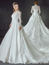 Stunning Chapel Train A-line Wedding Dress White Off The Shoulder Tulle Half Sleeves With Train Zipper