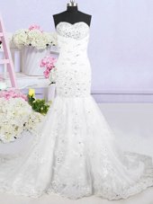 Mermaid White Sleeveless With Train Beading and Lace and Appliques Lace Up Bridal Gown