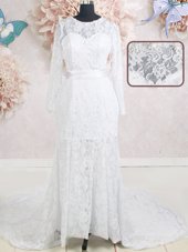 Fabulous Scoop Lace Long Sleeves Brush Train Beading and Belt Zipper Bridal Gown