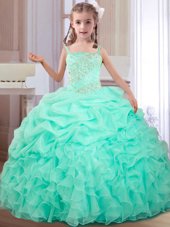 Traditional Apple Green Organza Lace Up Straps Sleeveless Floor Length Little Girl Pageant Gowns Beading and Ruffles and Pick Ups