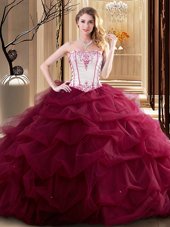 Wine Red Ball Gowns Strapless Sleeveless Tulle Floor Length Lace Up Embroidery and Ruffled Layers Quinceanera Gowns