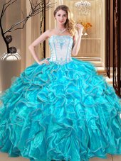 Deluxe Sleeveless Floor Length Embroidery and Ruffles Lace Up 15th Birthday Dress with Teal