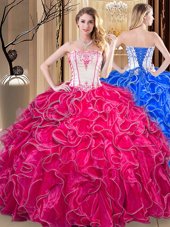Coral Red Strapless Lace Up Embroidery and Ruffles Quinceanera Gowns Sleeveless