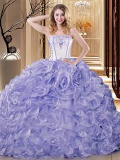 Cute Lavender Sleeveless Embroidery and Ruffles Floor Length Quince Ball Gowns