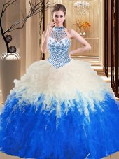 Blue And White Halter Top Neckline Beading and Ruffles Sweet 16 Quinceanera Dress Sleeveless Lace Up