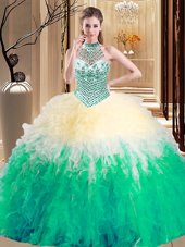 Multi-color Ball Gowns Tulle Halter Top Sleeveless Beading and Ruffles Floor Length Lace Up Quinceanera Gowns