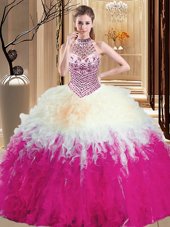 Enchanting Multi-color Ball Gowns Halter Top Sleeveless Tulle Floor Length Lace Up Beading and Ruffles Quinceanera Dress