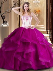 Extravagant Fuchsia Strapless Neckline Embroidery Quinceanera Gowns Sleeveless Lace Up