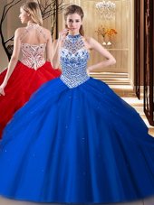 Flirting Royal Blue Tulle Lace Up 15th Birthday Dress Sleeveless Floor Length Embroidery and Ruffled Layers