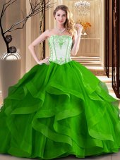 Superior Green and Fuchsia Ball Gowns Tulle Strapless Sleeveless Embroidery Floor Length Lace Up Vestidos de Quinceanera