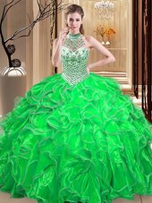 Best Selling Ball Gowns Organza Halter Top Sleeveless Beading and Ruffles Floor Length Lace Up Sweet 16 Quinceanera Dress