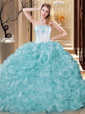Dazzling Blue And White Ball Gowns Organza Strapless Sleeveless Embroidery and Ruffles Floor Length Lace Up Quinceanera Dress