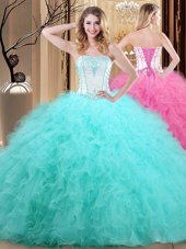 Free and Easy Blue Ball Gowns Strapless Sleeveless Tulle Floor Length Lace Up Embroidery 15 Quinceanera Dress