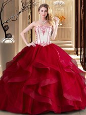 Classical Floor Length Wine Red Quinceanera Dresses Strapless Sleeveless Lace Up