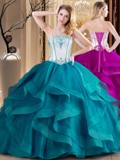 Artistic Embroidery 15 Quinceanera Dress Teal Lace Up Sleeveless Floor Length