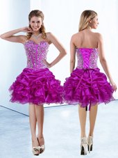 Smart Fuchsia A-line Sweetheart Sleeveless Organza Knee Length Lace Up Beading and Ruffles and Pick Ups Party Dresses