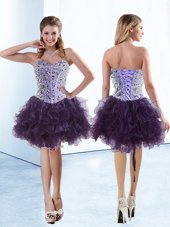 Noble Purple Sleeveless Beading and Ruffles Knee Length Party Dress Wholesale