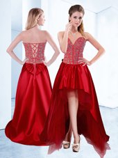 Beading Dress for Prom Wine Red Lace Up Sleeveless High Low
