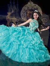 Aqua Blue Lace Up Sweet 16 Quinceanera Dress Beading and Appliques and Pick Ups Sleeveless Floor Length