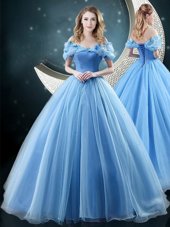 Super Off the Shoulder Baby Blue Sleeveless Brush Train Appliques With Train Quinceanera Dress