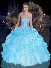 Floor Length Blue Ball Gown Prom Dress Organza Sleeveless Beading and Ruffles
