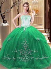 Custom Made Green Sleeveless Floor Length Embroidery Lace Up Quinceanera Gowns