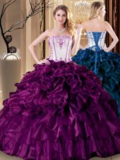 Purple Lace Up Strapless Pick Ups Quinceanera Gown Organza Sleeveless