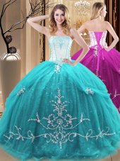 Sleeveless Floor Length Embroidery Lace Up Quinceanera Gown with Aqua Blue