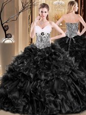 Black Organza Lace Up Sweetheart Sleeveless Floor Length Sweet 16 Dress Ruffles