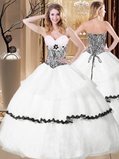 White Ball Gowns Organza Sweetheart Sleeveless Ruffled Layers and Pattern Floor Length Lace Up Quinceanera Gown
