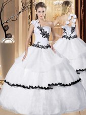 Graceful One Shoulder White Sleeveless Organza Lace Up 15 Quinceanera Dress for Military Ball and Sweet 16 and Quinceanera