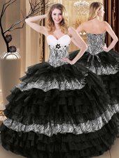 New Arrival Black Ball Gowns Sweetheart Sleeveless Organza and Printed Floor Length Lace Up Ruffled Layers and Pattern Ball Gown Prom Dress