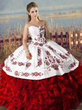 Flare White And Red Sweetheart Lace Up Embroidery and Ruffles Quinceanera Gowns Sleeveless
