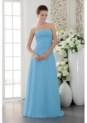 Light Blue Empire Strapless Floor-length Chiffon Ruch Bridesmaid Dress