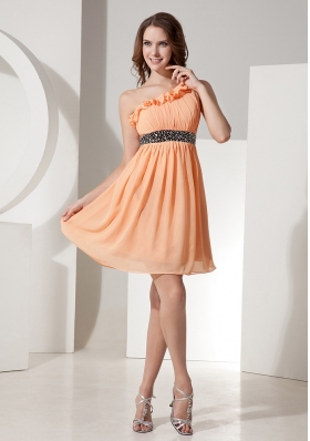 Orange Chiffon One Shoulder Dress With Mini-length Beaded Decorate Waist