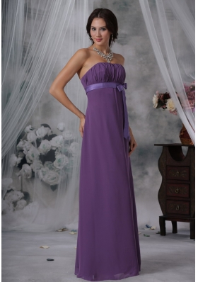 Ruched and Bowknot Decorate Bust Purple Chiffon Floor-length Strapless For 2013 Bridesmaid Dress