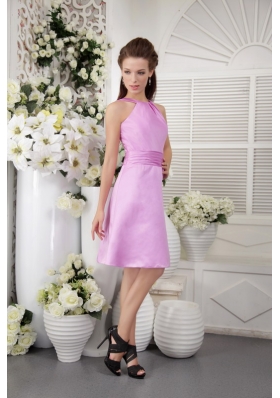 Lavender Empire High-neck Knee-length Satin Bridesmaid Dress