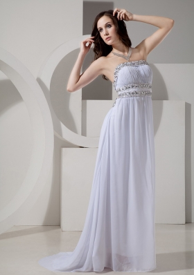 2013 New Style Empire Strapless Beaded Decorate Waist Sweep Train Sexy Prom Gowns