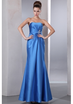 Blue Column Strapless Beading Prom Dress Ankle-length Satin
