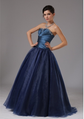 Beaded Decorate A-line Blue Strapless Organza Prom Dress