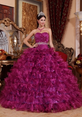 Fuchsia Ball Gown Sweetheart Floor-length Organza Beading Quinceanera Dress