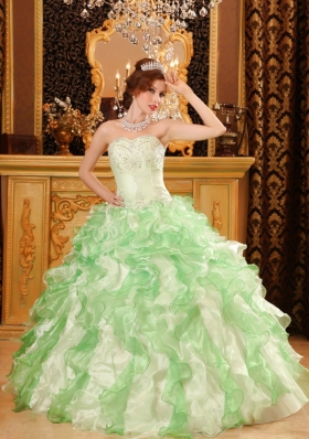 Apple Green Ball Gown Sweetheart Floor-length Organza Beading and Ruffles  Quinceanera Dress