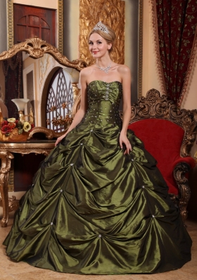 Olive Green Ball Gown Strapless Floor-length Taffeta Beading Quinceanera Dress