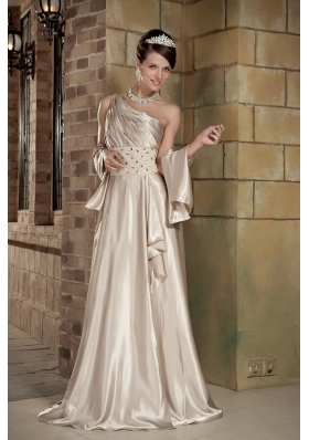 Designer Champagne Empire One Shoulder Brush Train Silk Like Satin Beading Prom Dress