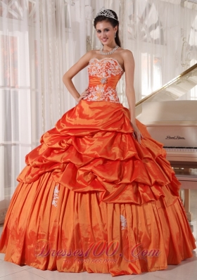Inexpensive Orange Quinceanera Dress Sweetheart Taffeta Appliques and Ruch Ball Gown