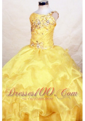 2013 Yellow Beautiful Beaded Decorate Bust Little Girl Pageant Dresses With One Shoulder Neck Ruffles