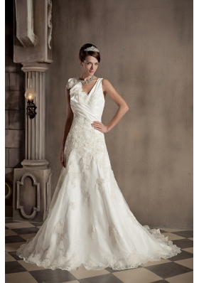 Pretty A-line V-neck Court Train Organza Appliques and Hand Made Flowers Wedding Dress