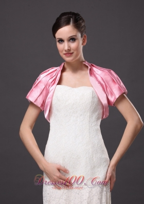High-neck Satin Rose Pink Short Sleeves Jacket For Other Formal Occasions With Ruch Decorate