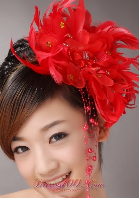 Red Custom Made Headpieces With Beaded Decorate Feather