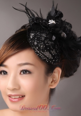 Black Lace and Feather Headpices With Imitation Beading Decorate For Party